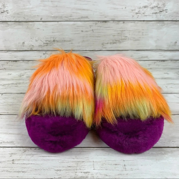 Ugg Fluff Yeah Tie Dye Slides Fluffy Slippers Orange Yellow Purple Logo - Picture 4 of 8
